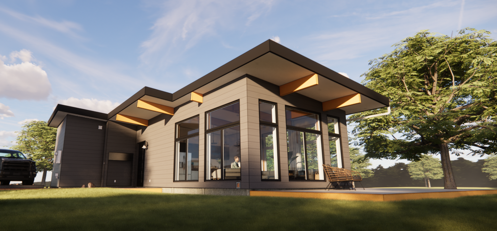 Modern single-story cabin with large windows and a flat roof, surrounded by grass and trees under a blue sky.