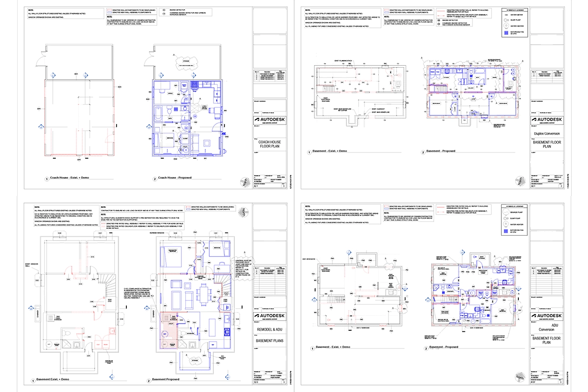 Architectural blueprint showing four sets of floor plans for a basement and coach house, including existing demo and proposed layouts with detailed room labeling and utility placements.