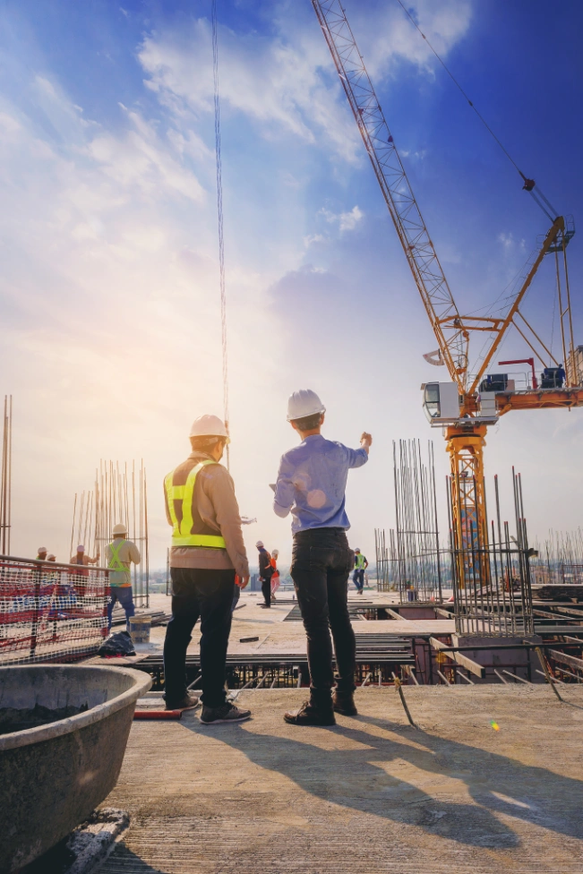 Two construction workers wearing hard hats and safety vests standing on a building site with a crane and steel reinforcements under a partly cloudy sky.