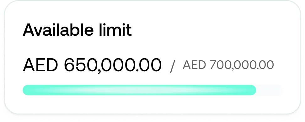 Card showing available limit of AED 650,000.00 out of AED 700,000.00 with a progress bar filled mostly in teal.