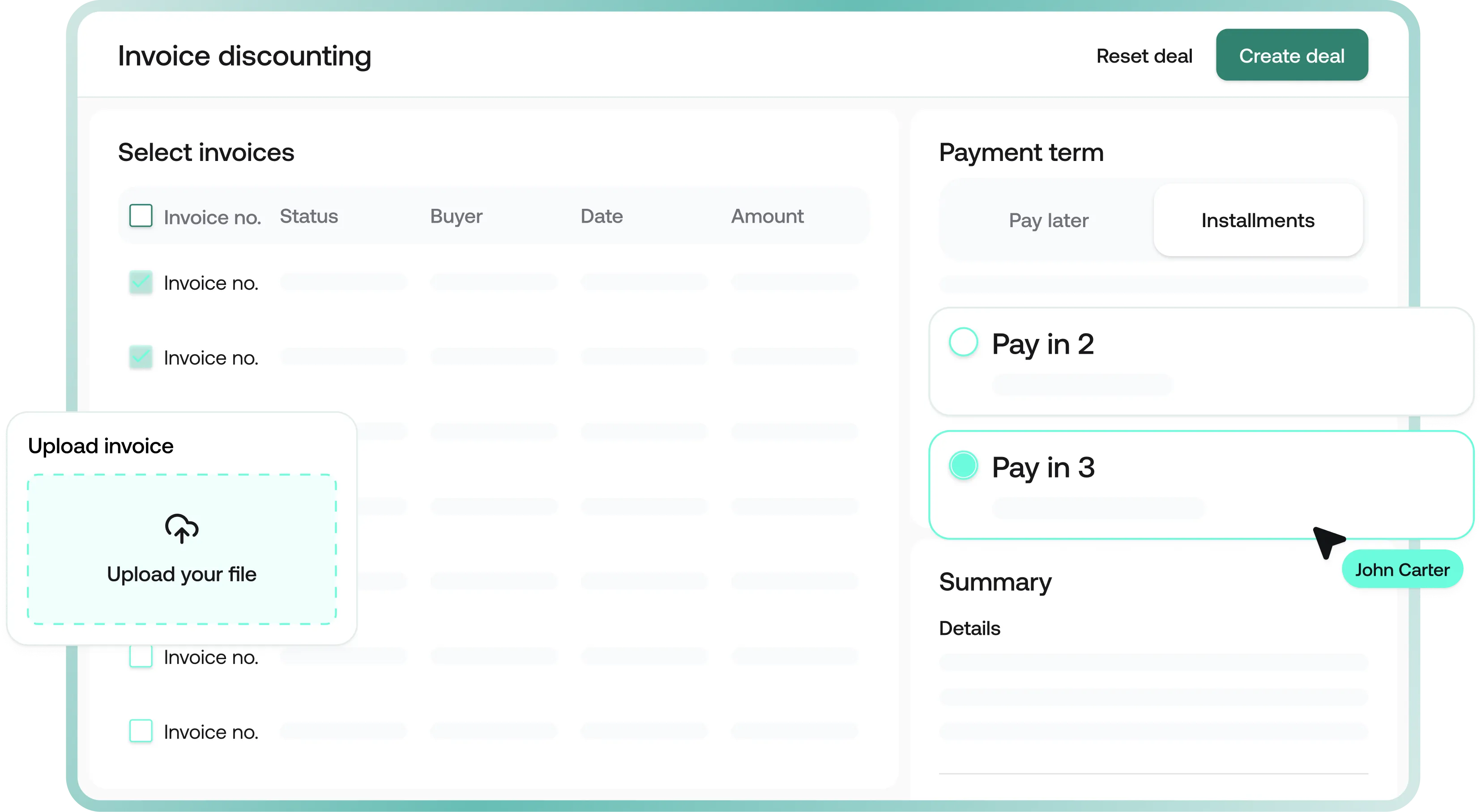 User interface for invoice discounting showing invoice selection with checkboxes, file upload option, payment terms with installment selection, and a summary section.