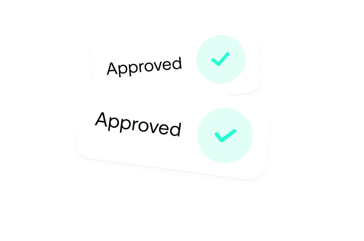 Two white rectangular labels each with the word 'Approved' and a turquoise checkmark inside a light green circle.