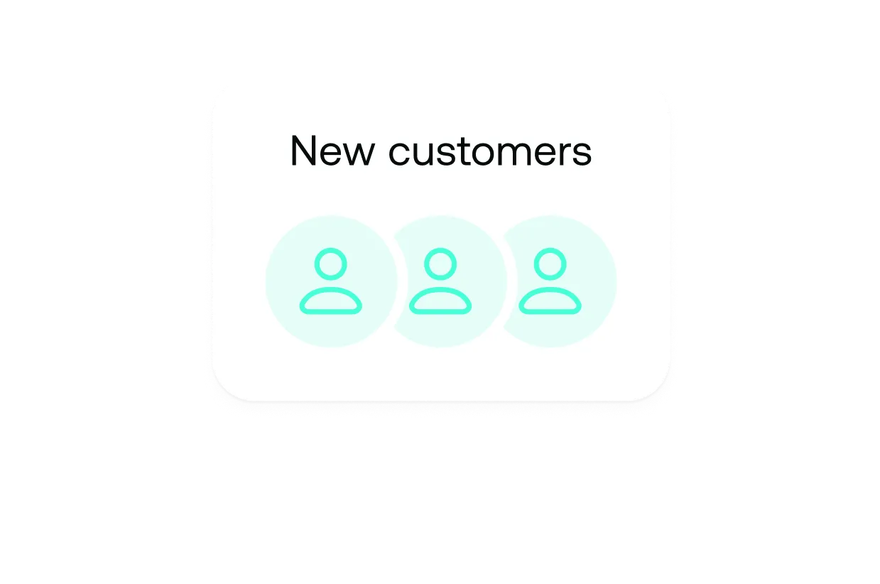 Card with text 'New customers' above three turquoise user icons inside light turquoise circles.