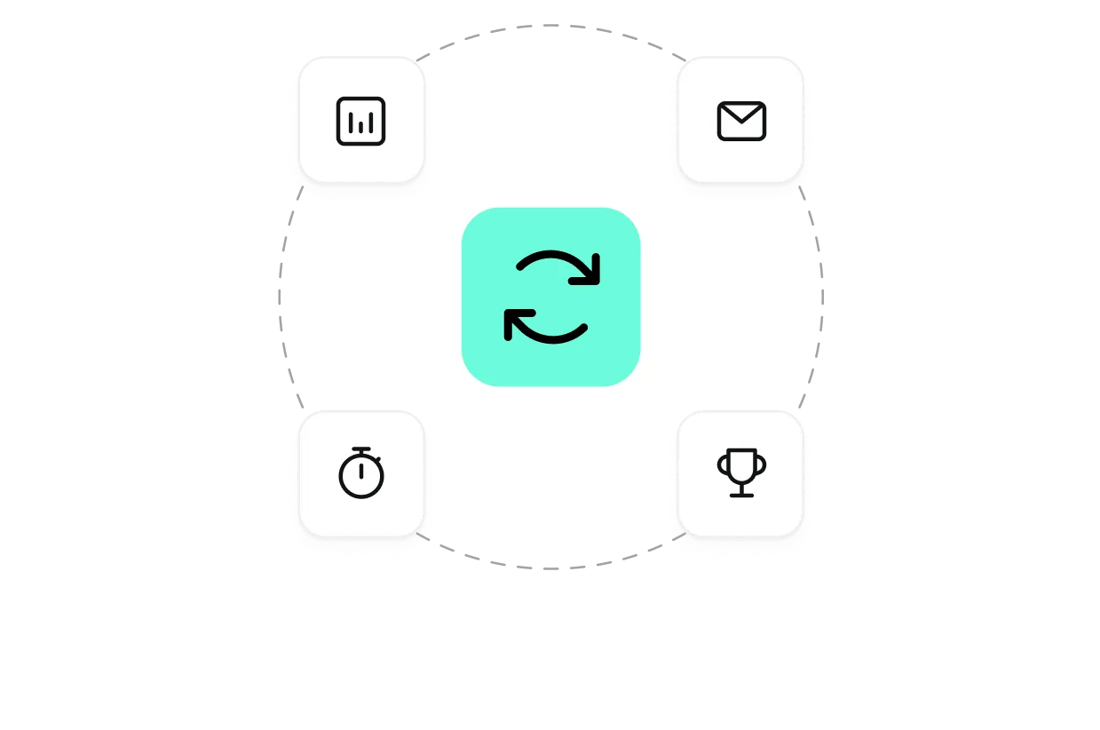 Central green square button with two circular arrows surrounded by four white square buttons with icons of a bar chart, envelope, stopwatch, and trophy.