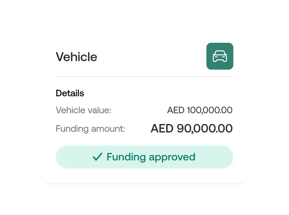 Vehicle details card showing vehicle value of AED 100,000 and funding amount of AED 90,000 with funding approved checkmark.