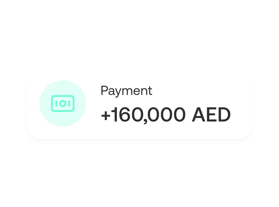 Payment notification showing an incoming amount of 160,000 AED with a money icon.