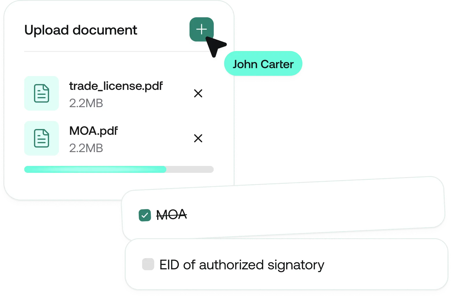 Interface showing document upload with trade_license.pdf and MOA.pdf files, a plus button, progress bar, and checkboxes for MOA and EID of authorized signatory.