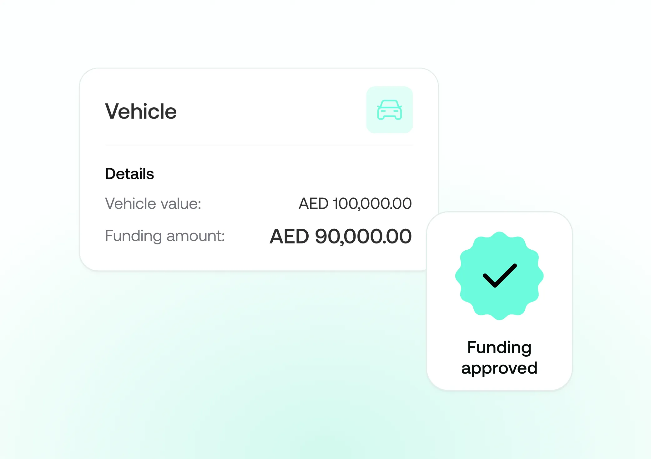 Card showing vehicle details with vehicle value AED 100,000.00 and funding amount AED 90,000.00, alongside a badge with a checkmark and text Funding approved.