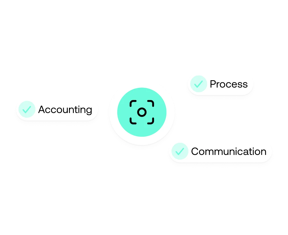 Central turquoise icon with focus symbol surrounded by three white rounded rectangles labeled Accounting, Process, and Communication with checkmark icons.