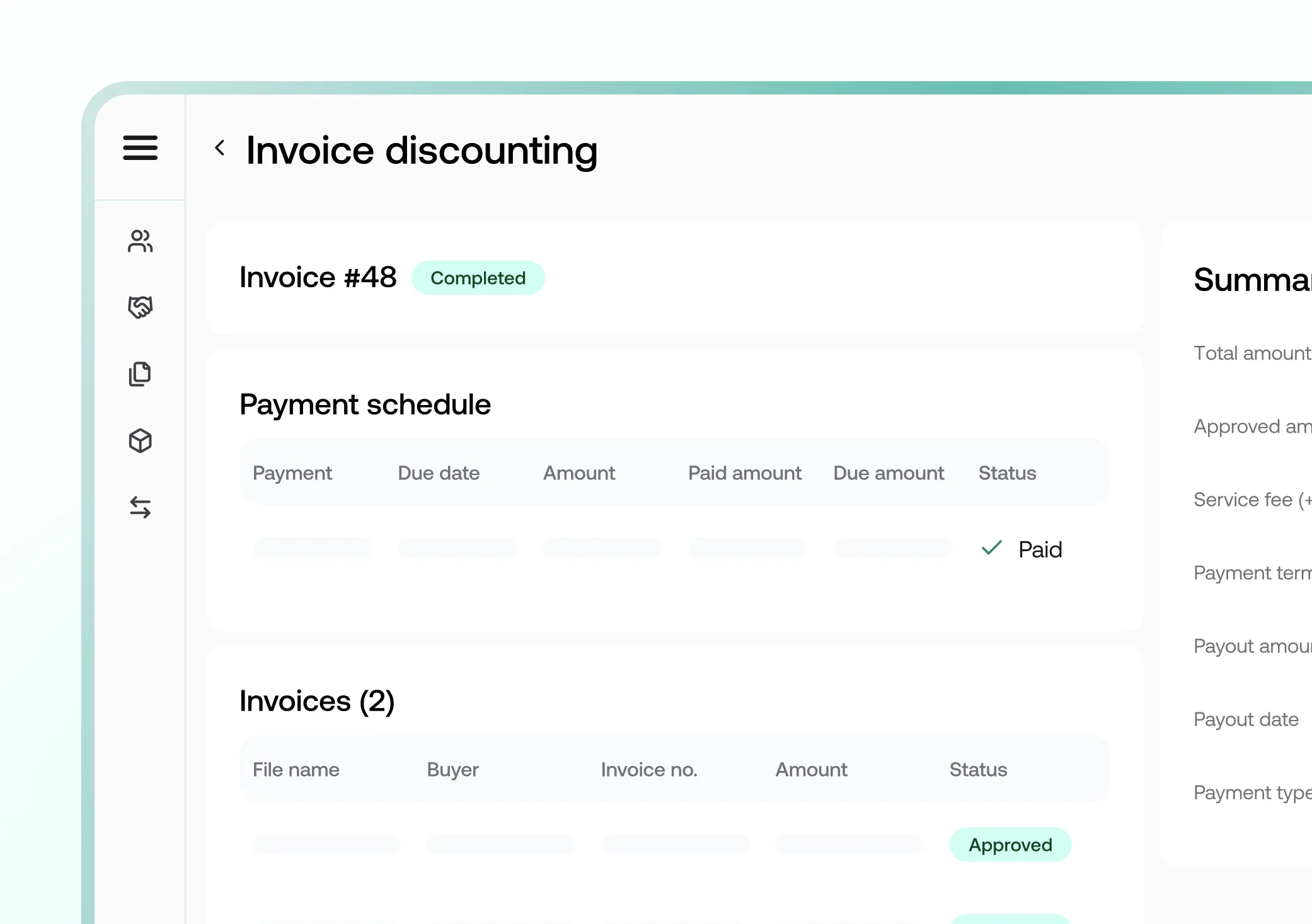 Invoice discounting page showing Invoice #48 marked as Completed, a payment schedule table with a Paid status, and a list of two invoices with one Approved status.