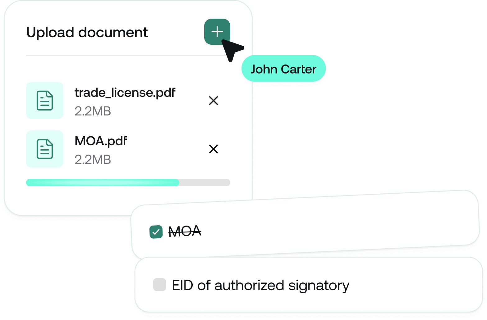 User interface showing document upload with files trade_license.pdf and MOA.pdf uploaded, a progress bar, and checkboxes for MOA (checked) and EID of authorized signatory (unchecked).