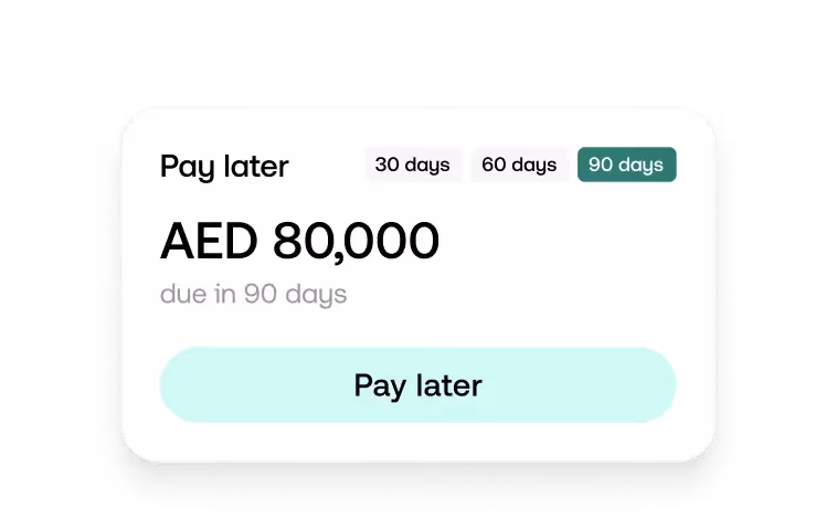 Payment option showing AED 80,000 due in 90 days with no interest and a Pay later button.