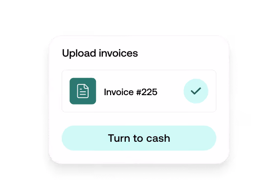 User interface showing an uploaded 2.2MB invoice ready to be converted to cash with a pointer on the 'Turn to cash' button and a label displaying 'Sophie Moore'.
