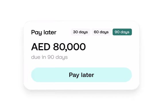 Payment option showing AED 80,000 due in 90 days with no interest and a Pay later button.