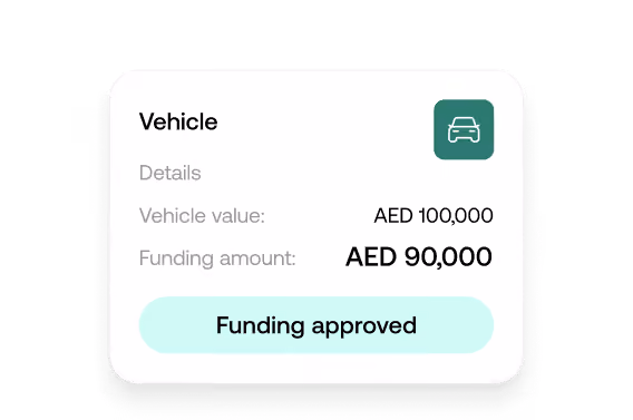 Card showing vehicle details with vehicle value AED 100,000.00, funding amount AED 90,000.00, and a message Funding approved with a checkmark.