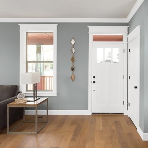 Clean style gray walls with white accents-crown moulding and contrasting ceiling