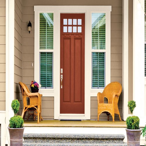 Cherry Wood Stain Exterior Front Door with Taupe Siding