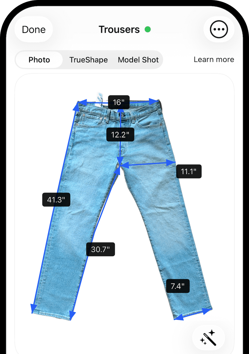 Size AI app interface showing garment measurement on iPhone with professional accuracy display