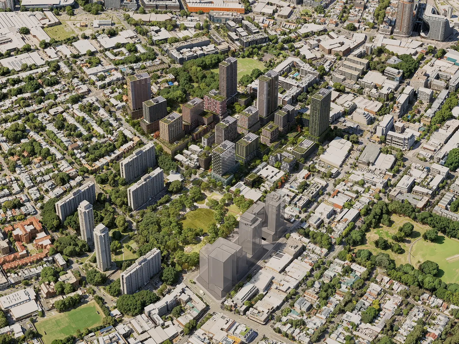 A view from above of Waterloo South. The image shows old, low-rise houses and proposed new, taller apartment buildings. The new buildings are grouped together and look modern, with different colours and shapes from the older homes. Green parks and open spaces are placed between the new buildings. Around the area, there are tree-lined streets and community buildings. The picture shows how the proposed new, higher buildings and parks will fit in with the existing neighbourhood.