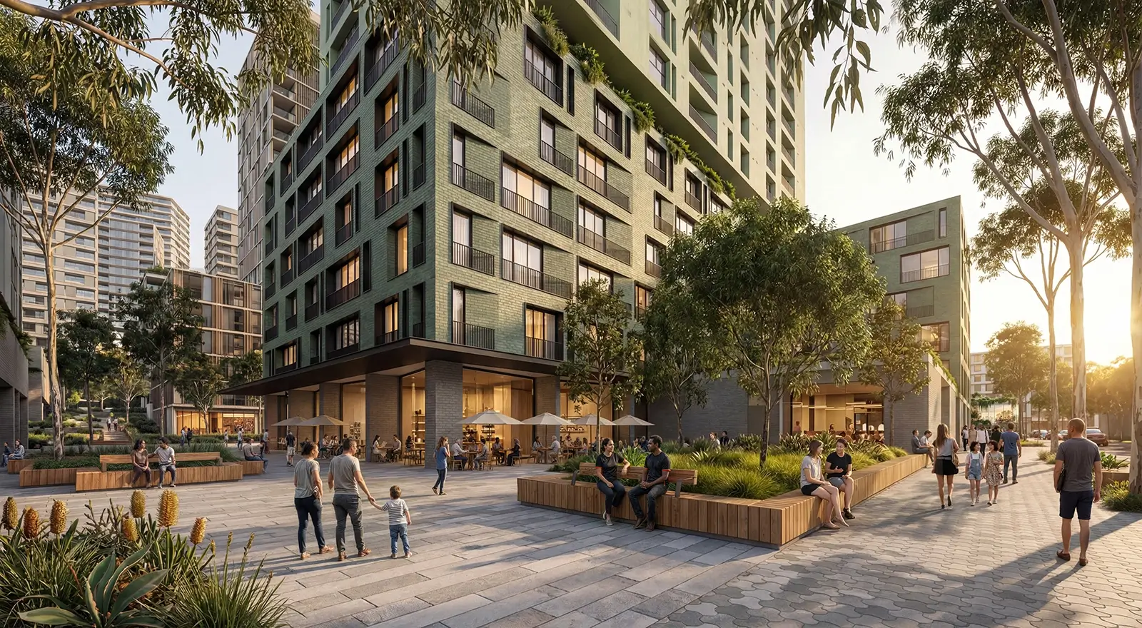The image shows a lively public plaza at sunset, surrounded by modern mid-rise apartment buildings with green walls and balconies. The plaza is paved with light tiles and includes wooden benches, raised planters with greenery and small trees. People of all ages—families, couples, and individuals—are walking, sitting, and socialising. There are outdoor seating areas with umbrellas near the building entrances, suggesting cafes or restaurants. Tall trees frame the scene, and the sunlight creates a welcoming community space.
