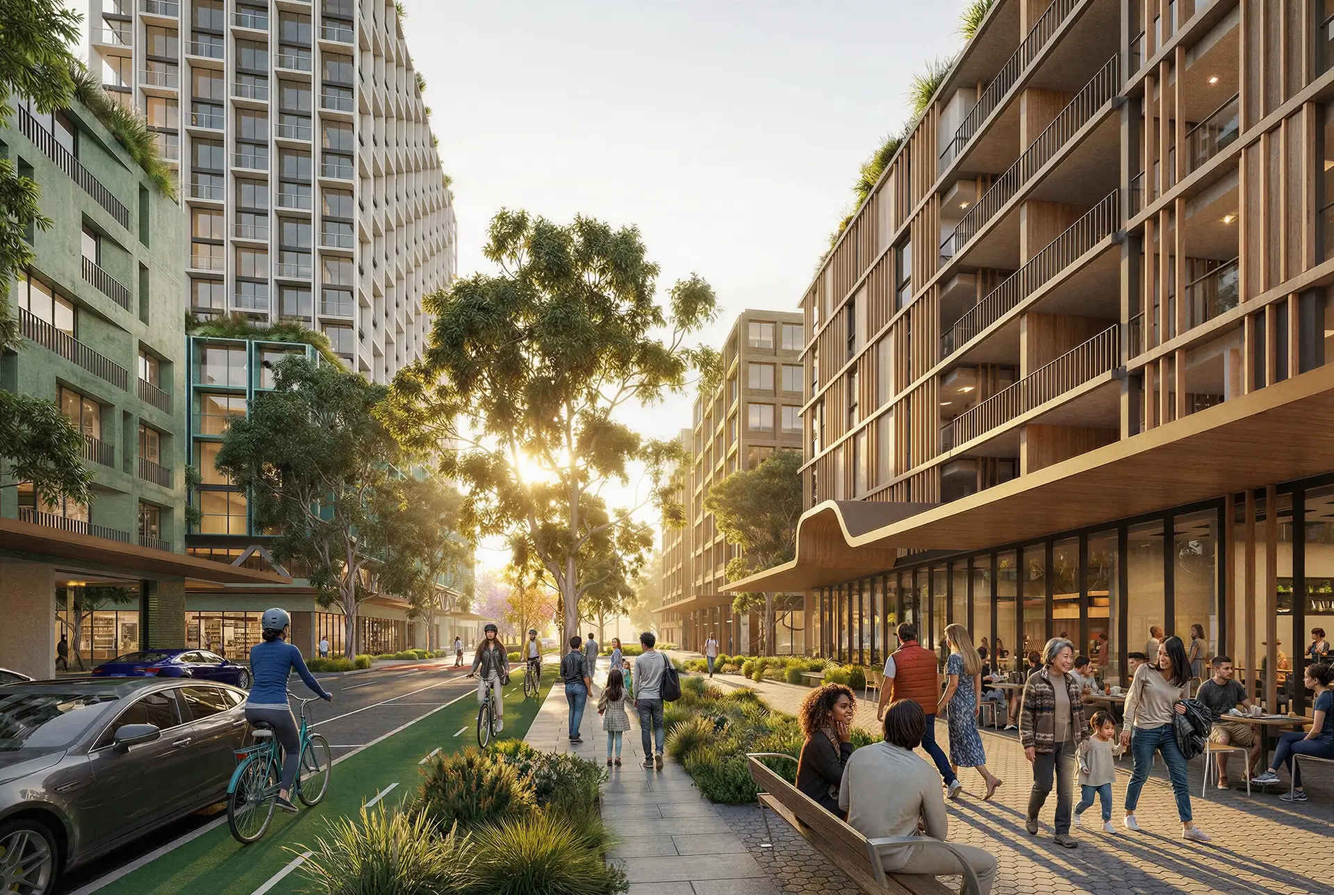 An street at sunset in an urban area with modern apartment buildings with large windows and balconies. Trees and plants line the street, creating a welcoming and eco-friendly atmosphere. On the right, people are sitting at outdoor tables in front of a café or restaurant and others are walking along a wide path. Families, couples, and individuals are seen enjoying the area, some holding hands or pushing strollers. On the left, a dedicated bike lane runs alongside parked cars, with cyclists riding through the scene. The buildings use wood and glass. The scene feels lively and friendly, with sunlight shining through the trees.