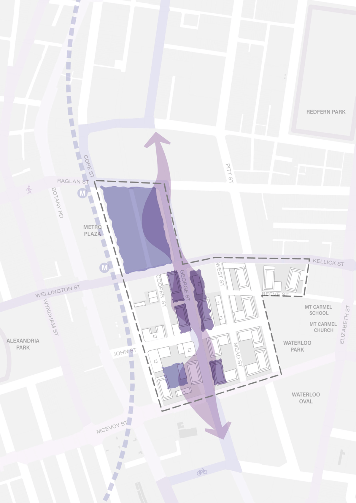 Map showing a north–south journey line through the precinct, with highlighted links illustrating historic movement and connections aligned with present-day streets.