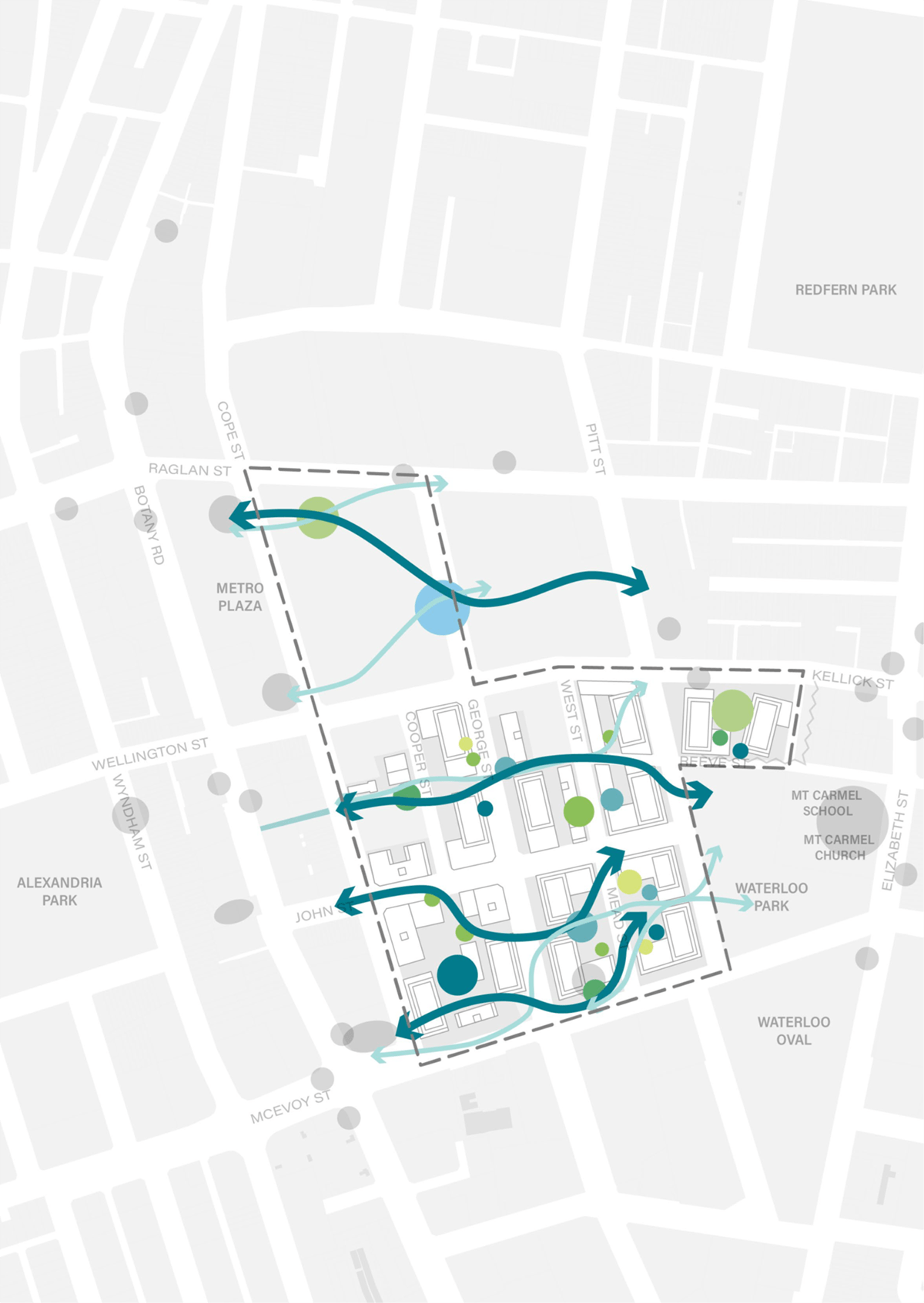 Map of the precinct with blue lines and dots showing streams, ponds and water elements that trace historic waterways within the landscape.
