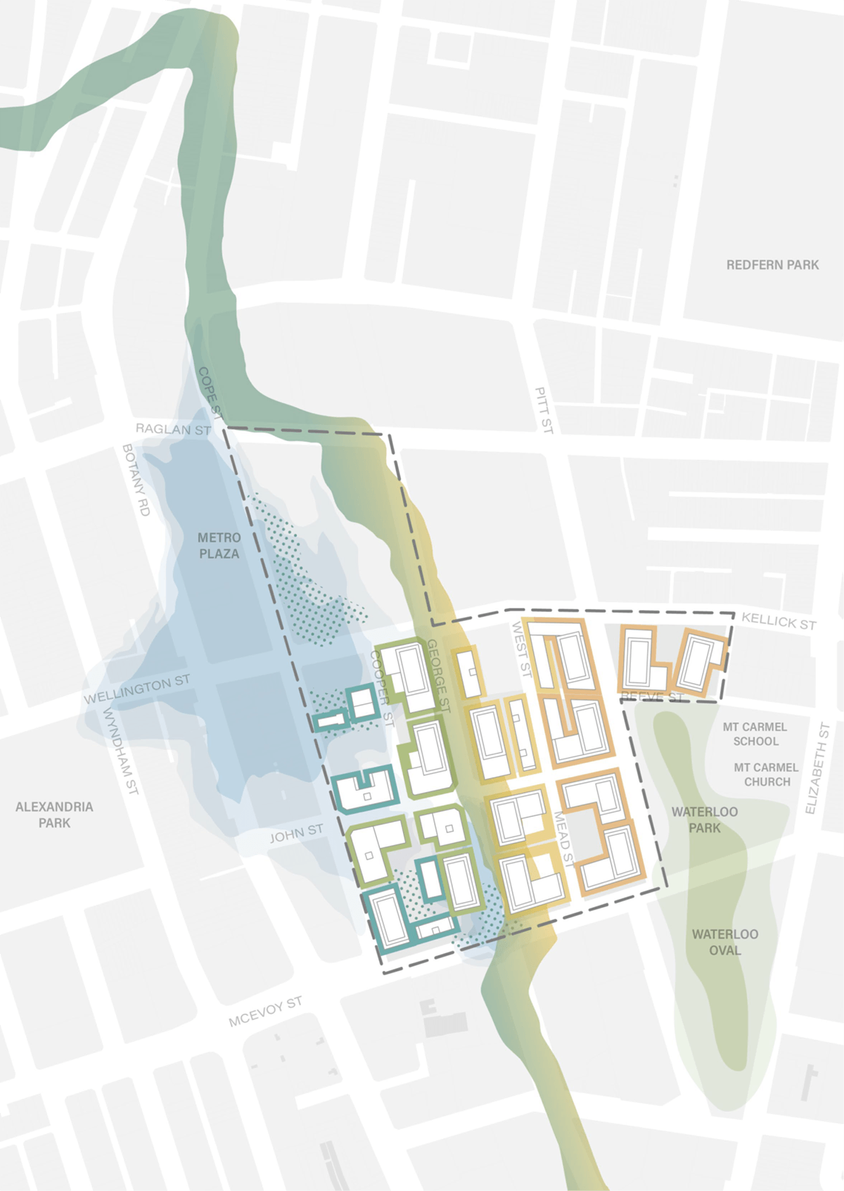 Map illustrating the precinct landscape, with contrasting shaded areas representing Dry Country and Wet Country and showing how buildings and open space respond to this setting.