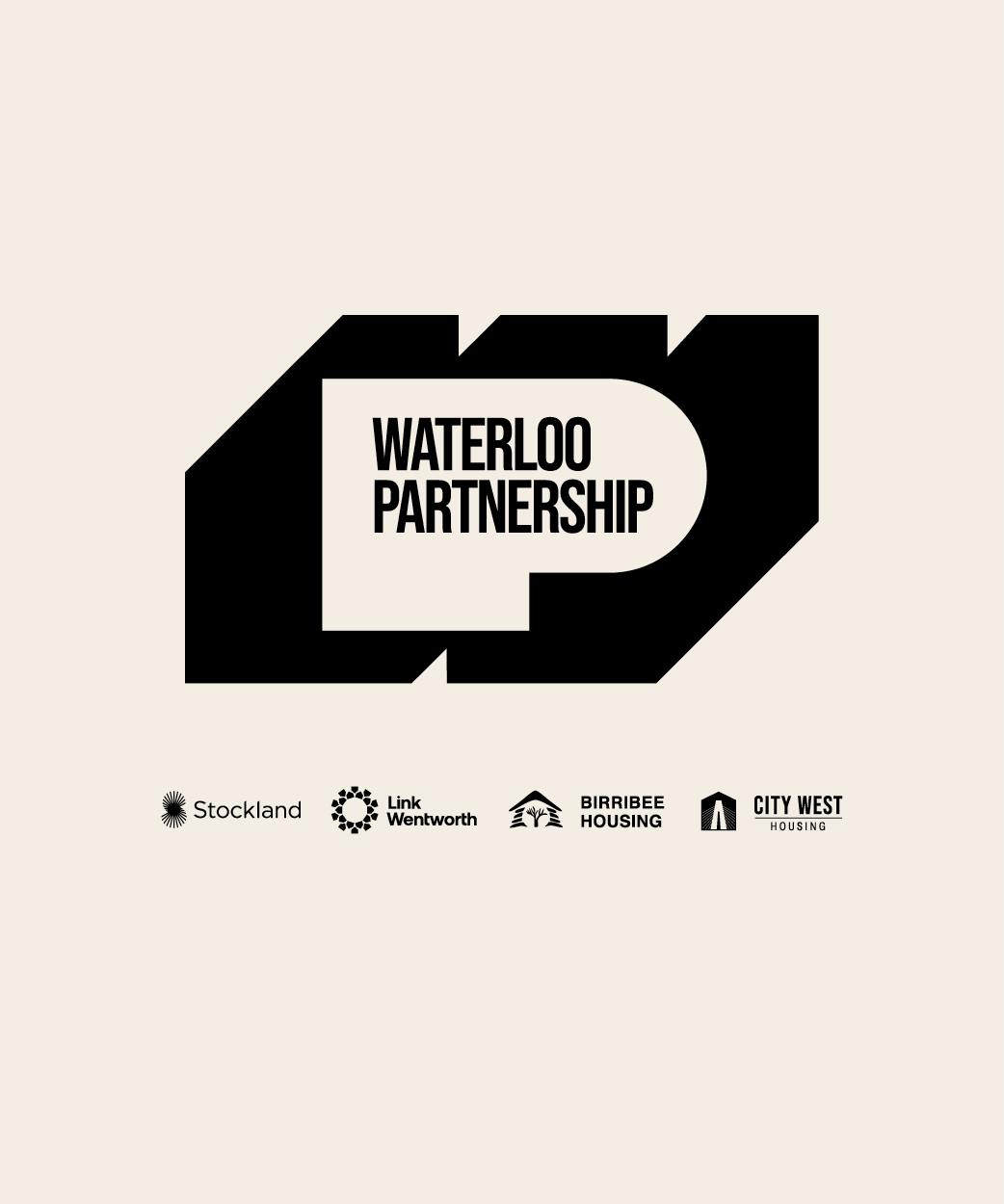 Graphic showing Waterloo Partnership logo with the logos of Stockland, Link Wentworth, City West Housing and Birribee Housing underneath.