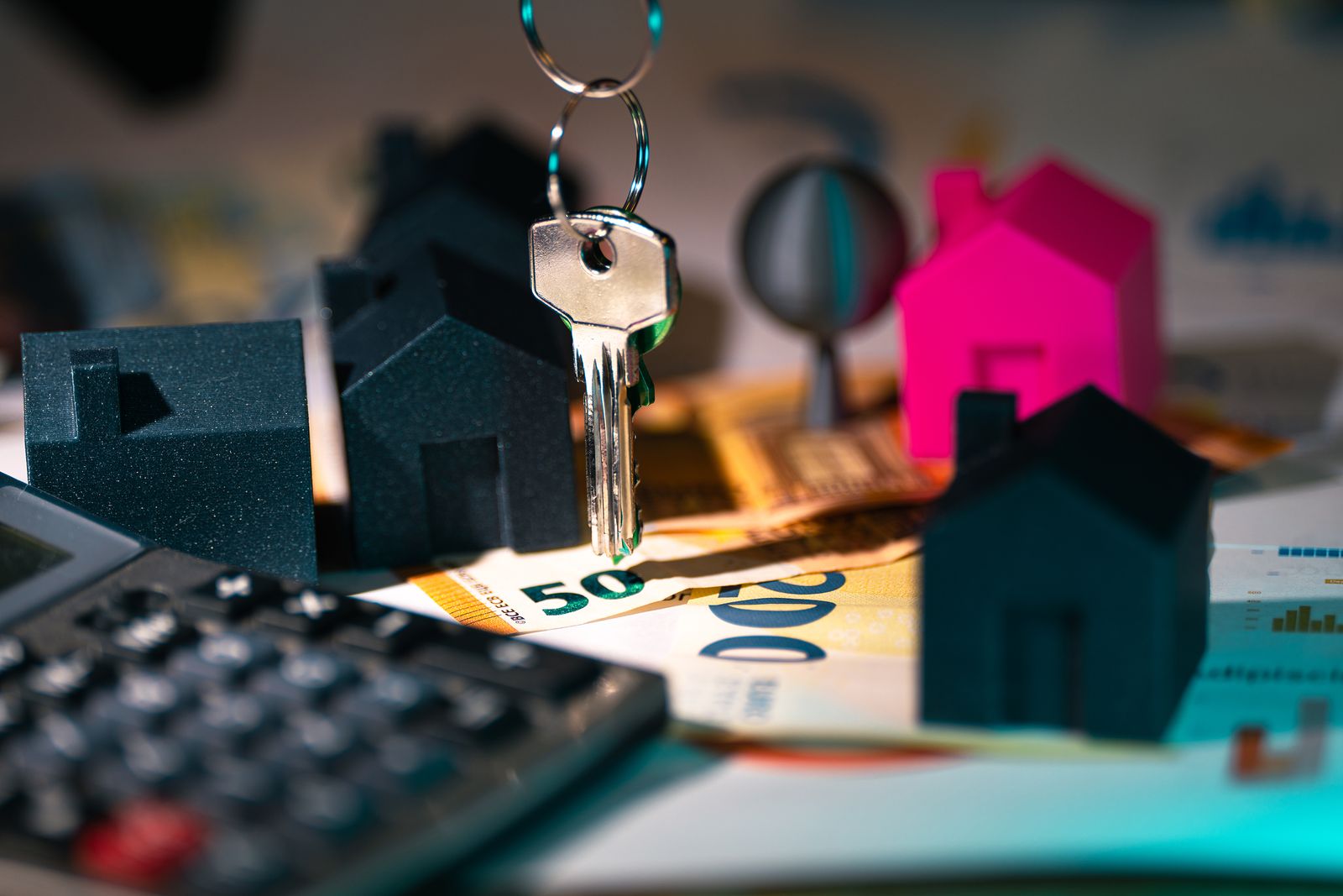 Real estate finances with keys and model houses representing passive investment