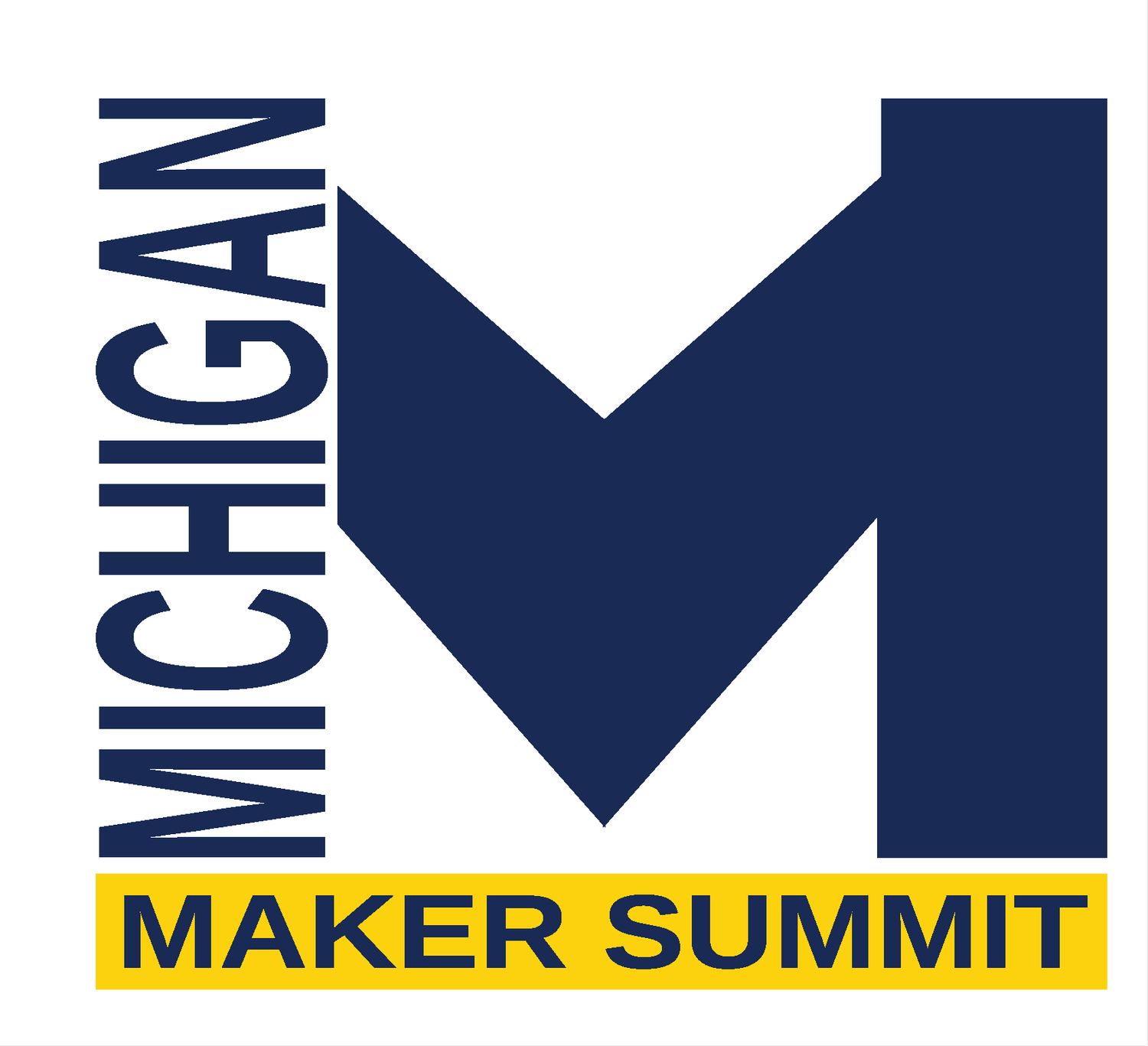 Logo with a large navy blue stylized letter M, the word 'MICHIGAN' written vertically on the left, and 'MAKER SUMMIT' in navy blue on a yellow background below.