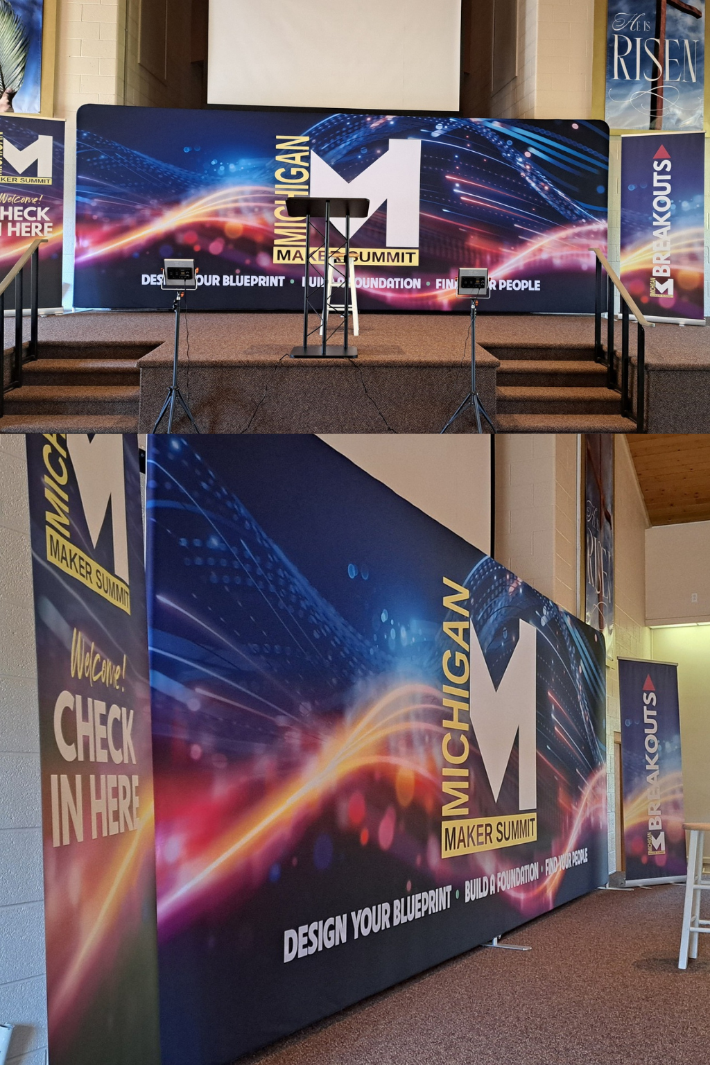 Stage setup for Michigan Maker Summit with podium, two spotlights, and banners displaying event themes: Check In Here, Design Your Blueprint, Build a Foundation, Find Your People, and Breakouts.
