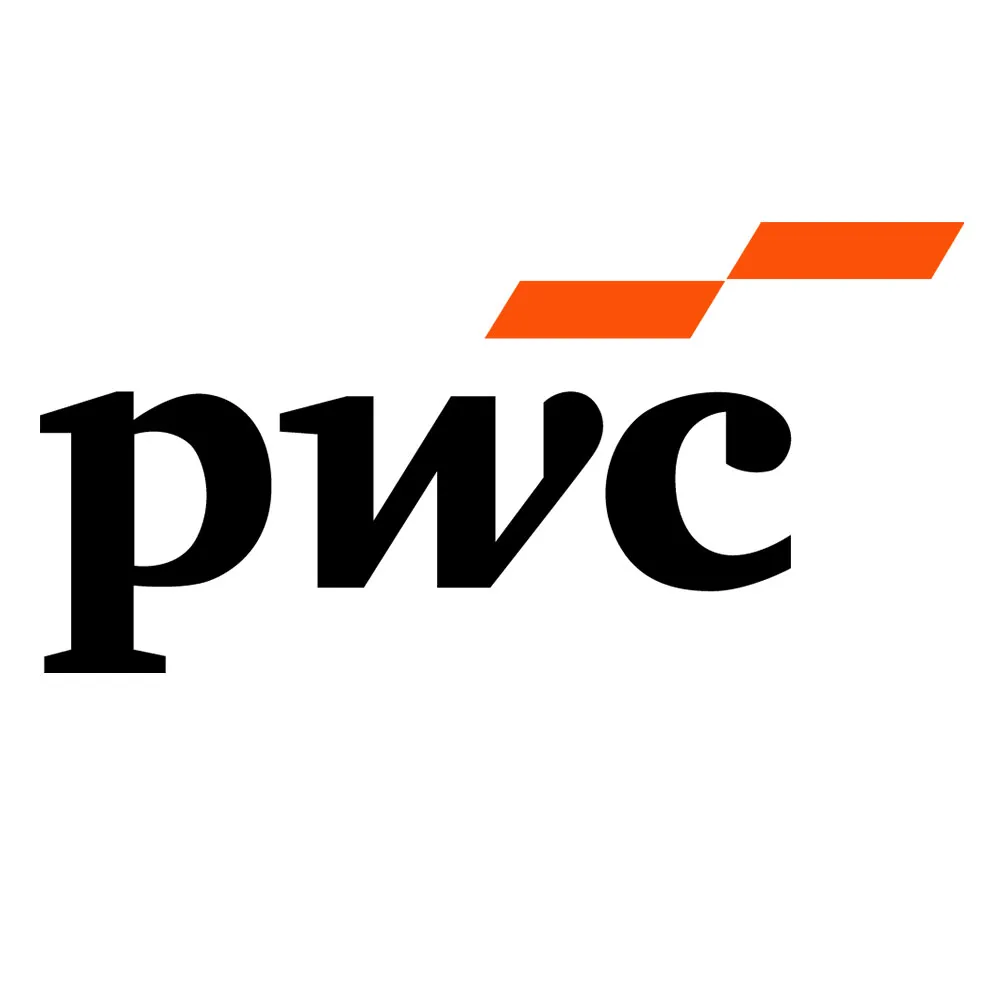 PwC logo with black lowercase letters and orange geometric shapes above.