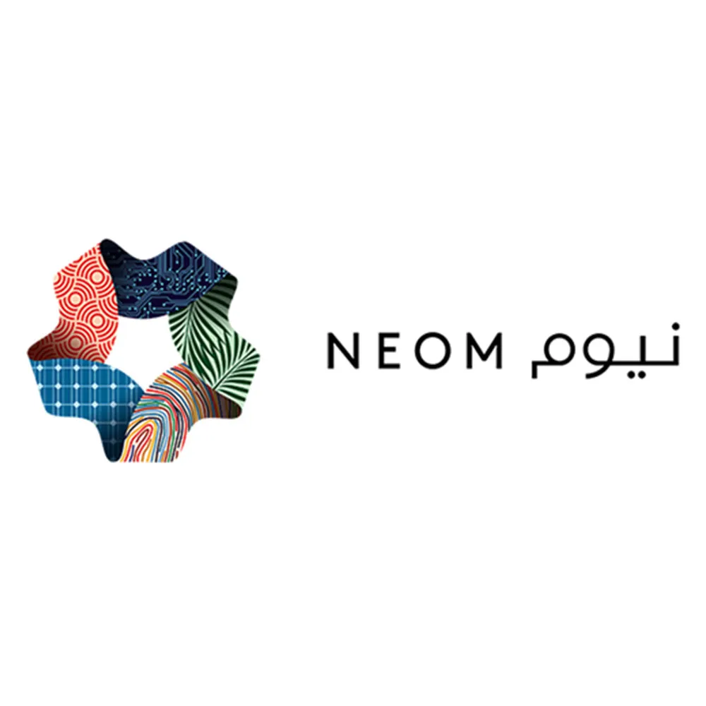 NEOM logo with a colorful abstract star shape and Arabic text on a white background.