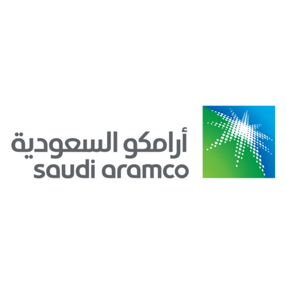 Saudi Aramco logo with Arabic and English text and a green and blue starburst icon.