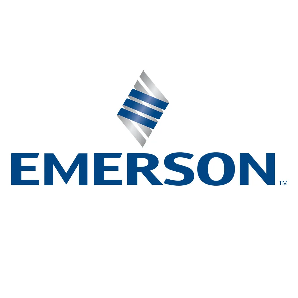 Emerson company logo with blue text and a blue and silver diamond-shaped emblem.