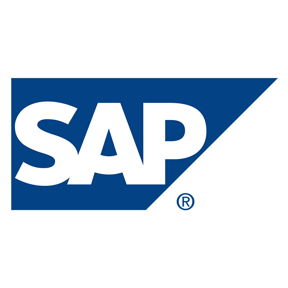 SAP logo in white letters on a blue quadrilateral background.