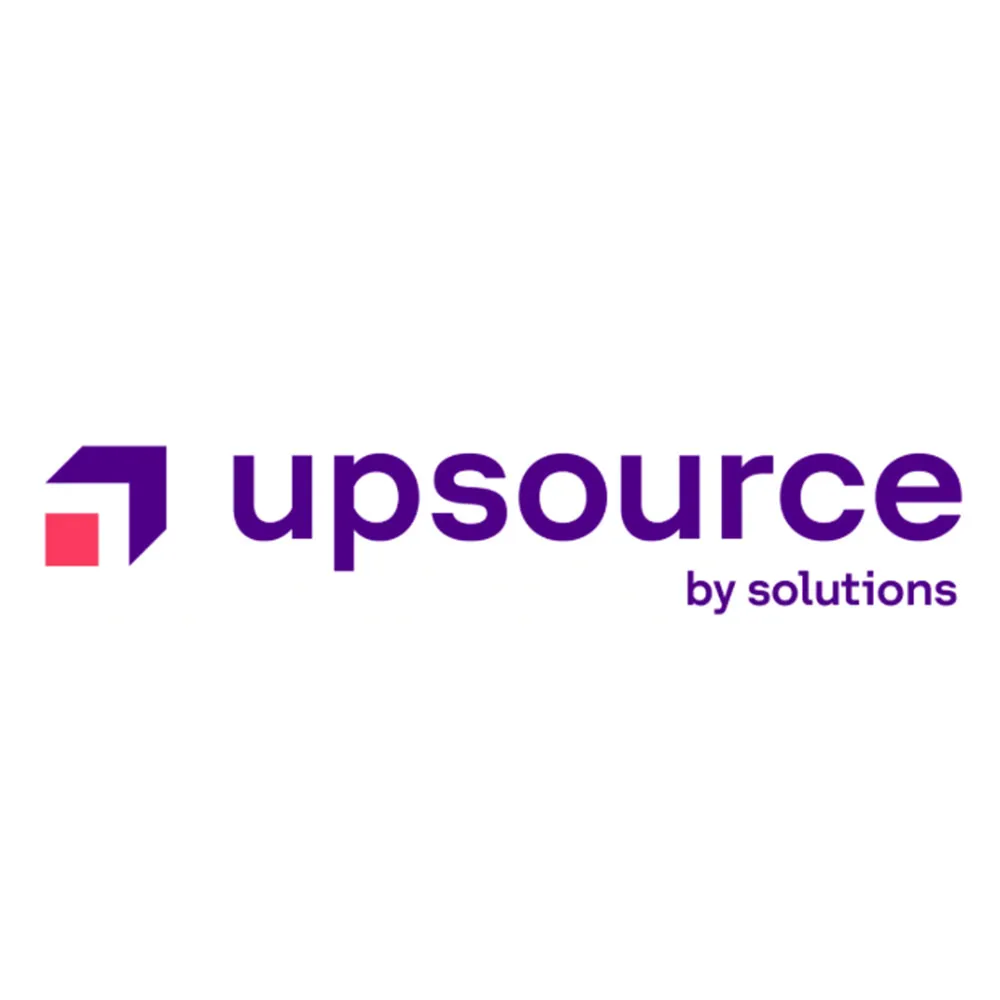 Upsource by Solutions logo with purple and red geometric icon and text on white background.