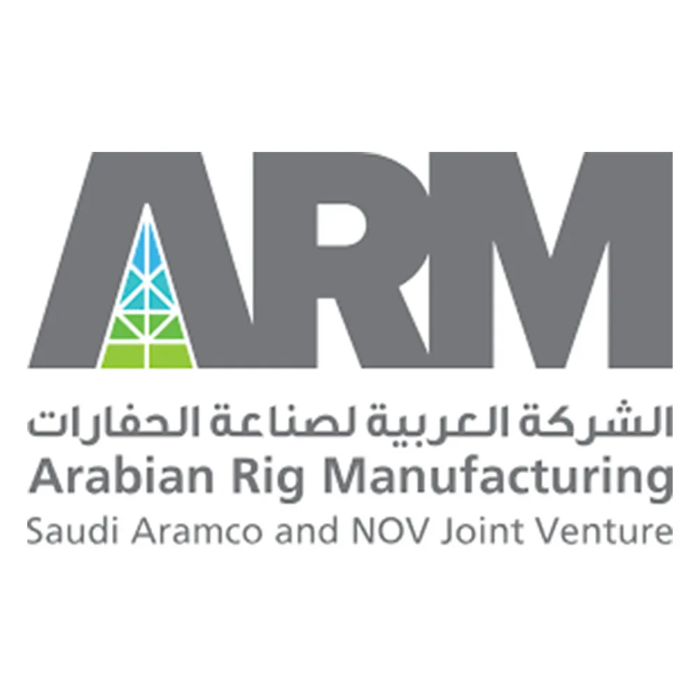 Arabian Rig Manufacturing logo with Arabic text and mention of Saudi Aramco and NOV joint venture.