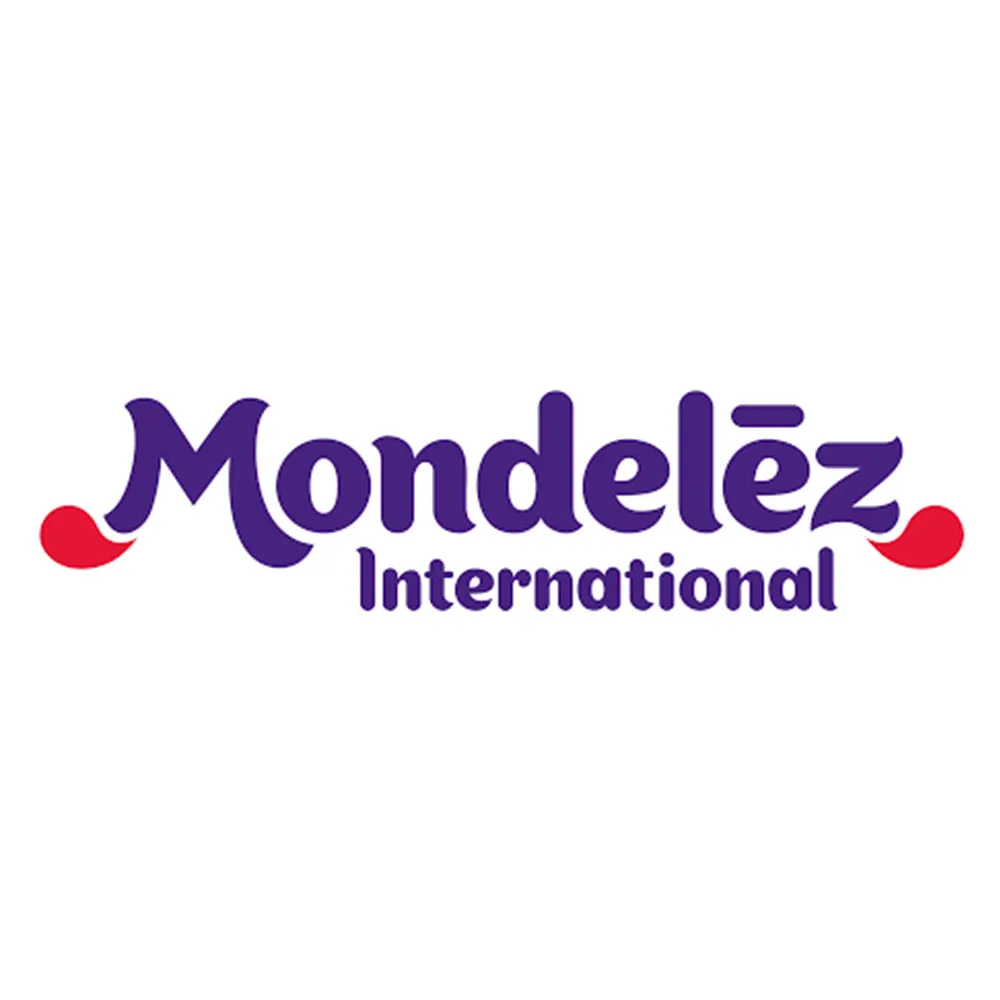 Mondelēz International wordmark logo in purple with red flourishes on white background.