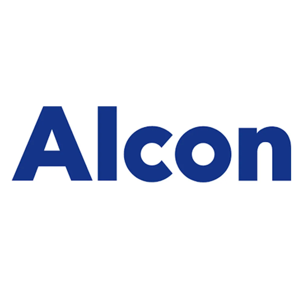 Alcon company logo in bold blue letters on white background.