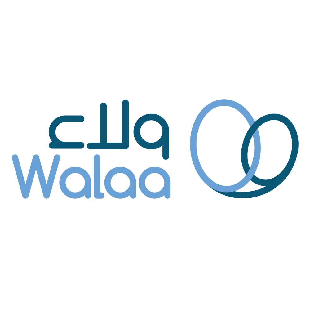 Walaa logo with Arabic text and two overlapping rings in blue shades.