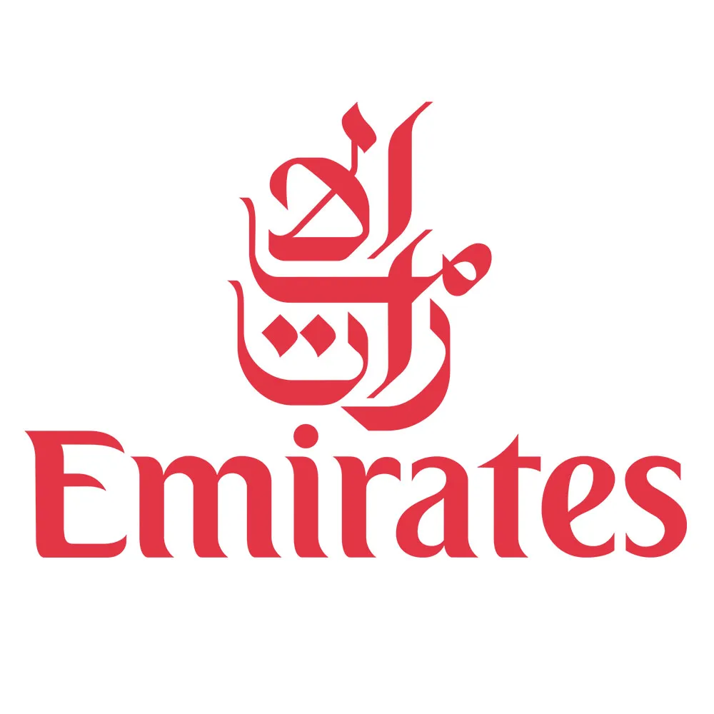 Emirates airline logo with red stylized Arabic calligraphy above the word Emirates.
