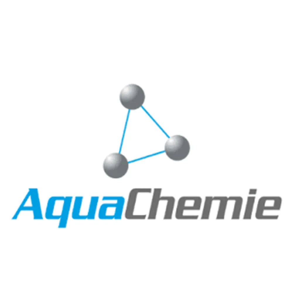 AquaChemie company logo with blue and gray text and a triangular molecular structure above.