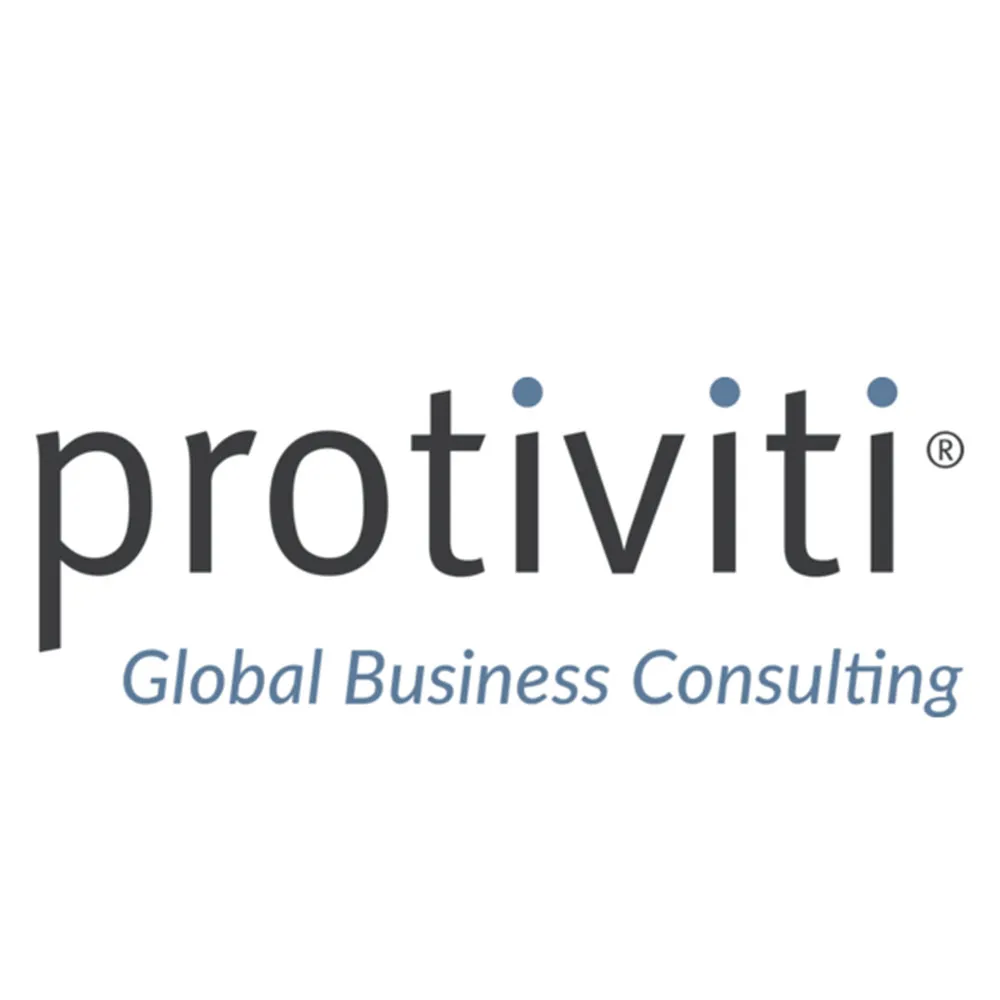 Protiviti Global Business Consulting logo in black and blue text on white background.