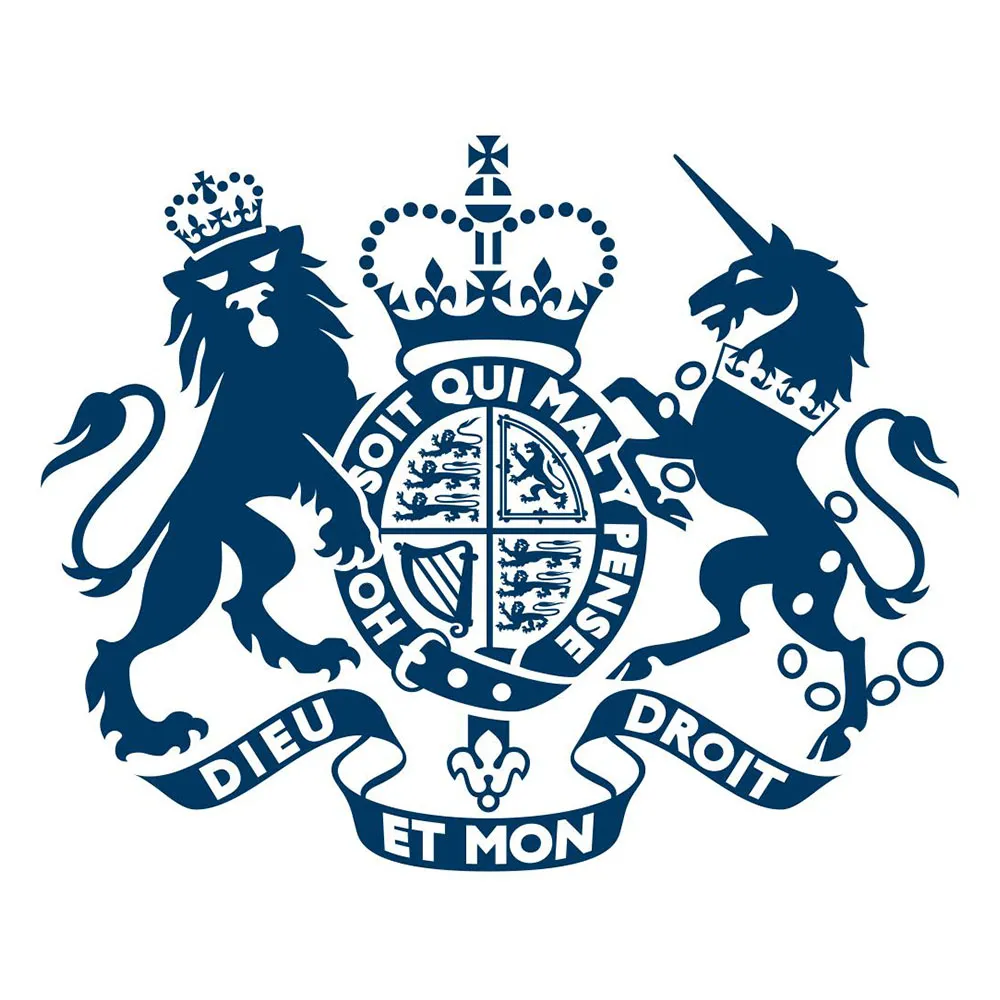Royal coat of arms featuring a crowned lion and unicorn flanking a crowned shield with motto banners.