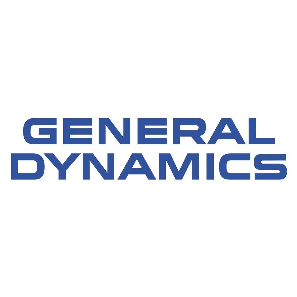General Dynamics company name in bold blue uppercase letters on white background.