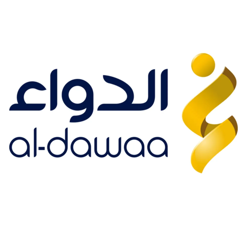 Al-dawaa logo with Arabic script and twisted yellow ribbon symbol on white background.