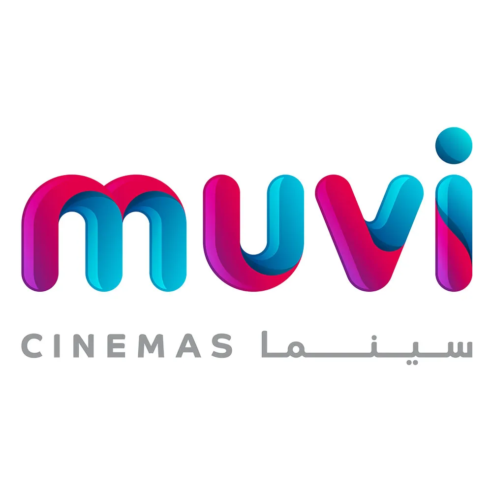 Colorful MUVI logo with text CINEMAS and Arabic beneath on white background.