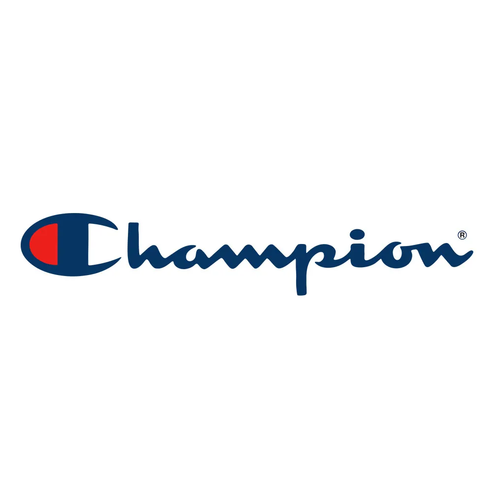 Champion brand logo with stylized blue and red C and blue cursive lettering.